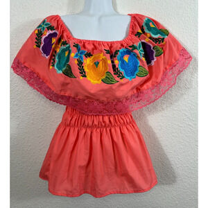 Mexican Top Womens Small Pinkish Orange Floral Embroidered Boho